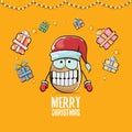 Vector funky comic cartoon cute brown smiling santa claus potato with red santa hat, gifts and calligraphic merry