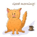 Vector funny animal. Cute crazy cat. Postcard with the phrase: Good morning. Cat with a cup of coffee. Isolated object on white