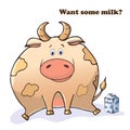 Vector funny animal. Thick cute cow with a box of milk. Postcard with a comic phrase. Cute fat animal. Isolated object on white Royalty Free Stock Photo