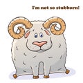 Vector funny animal. Thick cute sheep with horns. Postcard with a comic phrase. Cute fat animal. Isolated object on white Royalty Free Stock Photo