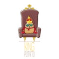 Vector funny cartoon cool cute brown smiling king potato with golden royal crown and red mantle or cape sitting on brown Royalty Free Stock Photo