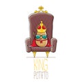 Vector funny cartoon cool cute brown smiling king potato with golden royal crown and red mantle or cape sitting on brown Royalty Free Stock Photo