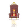 Vector funny cartoon cool cute brown smiling king potato with golden royal crown and red mantle or cape sitting on brown Royalty Free Stock Photo