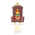 Vector funny cartoon cool cute brown smiling king potato with golden royal crown and red mantle or cape sitting on brown Royalty Free Stock Photo