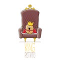 Vector funny cartoon cool cute brown smiling king potato with golden royal crown and red mantle or cape sitting on brown Royalty Free Stock Photo