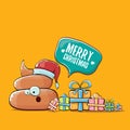 Vector funny cartoon cool cute brown smiling poo icon with santa with red hat, christmas gift boxes and speech bubble on Royalty Free Stock Photo