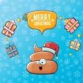 Vector funny cartoon cool cute brown smiling poo icon with santa red hat, gifts and speech bubble on christmas blue Royalty Free Stock Photo