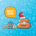 Vector funny cartoon cool cute brown smiling poo icon with santa red hat, gifts and speech bubble on christmas blue Royalty Free Stock Photo