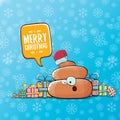 Vector funny cartoon cool cute brown smiling poo icon with santa red hat, gifts and speech bubble on christmas blue Royalty Free Stock Photo