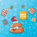 Vector funny cartoon cool cute brown smiling poo icon with santa red hat, gifts and speech bubble on christmas blue Royalty Free Stock Photo