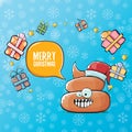 Vector funny cartoon cool cute brown smiling poo icon with santa red hat, gifts and speech bubble on christmas blue Royalty Free Stock Photo