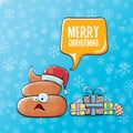 Vector funny cartoon cool cute brown smiling poo icon with santa red hat, gifts and speech bubble on christmas blue Royalty Free Stock Photo