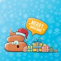 Vector funny cartoon cool cute brown smiling poo icon with santa red hat, gifts and speech bubble on christmas blue Royalty Free Stock Photo