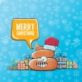 Vector funny cartoon cool cute brown smiling poo icon with santa red hat, gifts and speech bubble on christmas blue Royalty Free Stock Photo