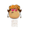 Vector funny cartoon cute brown hipster potato with long blond hair and pink heart shape sunglasses isolated on white Royalty Free Stock Photo