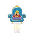 Vector funny cartoon cute brown smiling king potato with golden royal crown and red mantle or cape sitting on blue Royalty Free Stock Photo