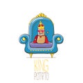 Vector funny cartoon cute brown smiling king potato with golden royal crown and red mantle or cape sitting on blue Royalty Free Stock Photo