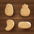 Vector funny cartoon cute brown sweet potatoes set flat lay on wooden table background. potato label design . top view Royalty Free Stock Photo