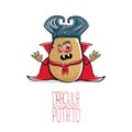 Vector funny cartoon cute dracula potato with fangs and red cape isolated on white background. vampire monster vegetable
