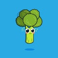 Vector funny cartoon cute green smiling broccoli character isolated on blue background. healthy food vector concept. vegetable fun