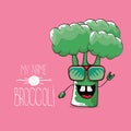 Vector funny cartoon cute green smiling broccoli character isolated on pink background.