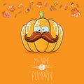 Vector funny cartoon cute orange smiling pumkin isolated on orange background. My name is pumkin vector concept