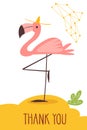 Vector funny cartoon hand drawn thank you card with flamingo. Royalty Free Stock Photo