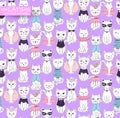 Vector funny cat seamless pattern. Cute kitten hand drawn illust Royalty Free Stock Photo