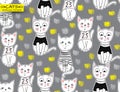 Vector funny cat seamless pattern. Cute kitten hand drawn illust Royalty Free Stock Photo