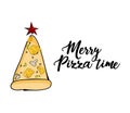 Vector funny Christmas greeting card with pizza evergreen tree and star. Merry pizza time quote text. Digital funny Royalty Free Stock Photo