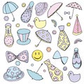 Vector funny Clown`s Accessories set boots umbrellas hats bow-ties and ties in pastel colors isolated on white background