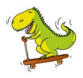 Vector funny dinosaur riding scooter on white
