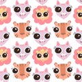 Vector funny flat cartoon cat , liom and tiger heads seamless pattern. Flat Feline background. Faces with big eyes Royalty Free Stock Photo