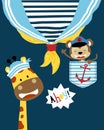 Vector of funny giraffe and monkey wearing sailor hat Royalty Free Stock Photo