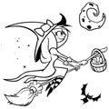 Vector funny Halloween witch flying on her broom.Black outline on white isolated background Royalty Free Stock Photo