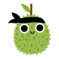 Vector funny kawaii durian icon. Pirate fruit illustration. Comic plant with eyes, head band and mouth isolated on white