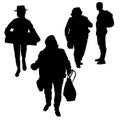 Vector funny people silhouettes. Woman bag in hand, man with backpack. Overweight people, silhouette of a girl in a hat with a box