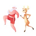 Vector funny santa and reindeer doing sport