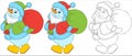 Vector funny snowman character dressed as santa carries a bag with christmas presents. Black and white outline for coloring books Royalty Free Stock Photo