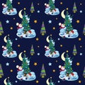 Vector Funny Snowman Decorating Christmas Trees