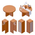 Vector furniture collection with decorated hotel table with rose in vase and sparkling wine and cupboard for clothes in isometric