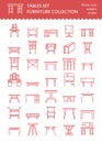 Vector furniture line icons, table symbols. silhouette of different table - dinner, writing, dressing table. Linear desk pictogram