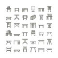 Vector furniture line icons, table symbols. silhouette of different table - dinner, writing, dressing table. Linear desk pictogram