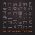 Vector furniture line icons, table symbols. silhouette of different table - dinner, writing, dressing table. Linear desk pictogram