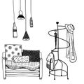 Vector furniture set: sofa and many chandeliers