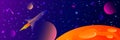 Vector futuristic space background with bright light planets and stars. Cosmos banner with neon light 3d objects and glowing