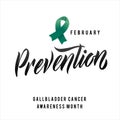 Vector Gallbladder Cancer Awareness Calligraphy Poster Design. Stroke Green Ribbon. February is Cancer Awareness Month