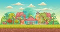 Vector game background. Landscape orientation. Panorama with cute village