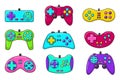 Vector game controller gamepad icons set. Multicolored joysticks elements flat style isolated on white background. Retro Royalty Free Stock Photo