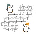 Vector game - a labyrinth for two with cute cartoon penguins for teaching